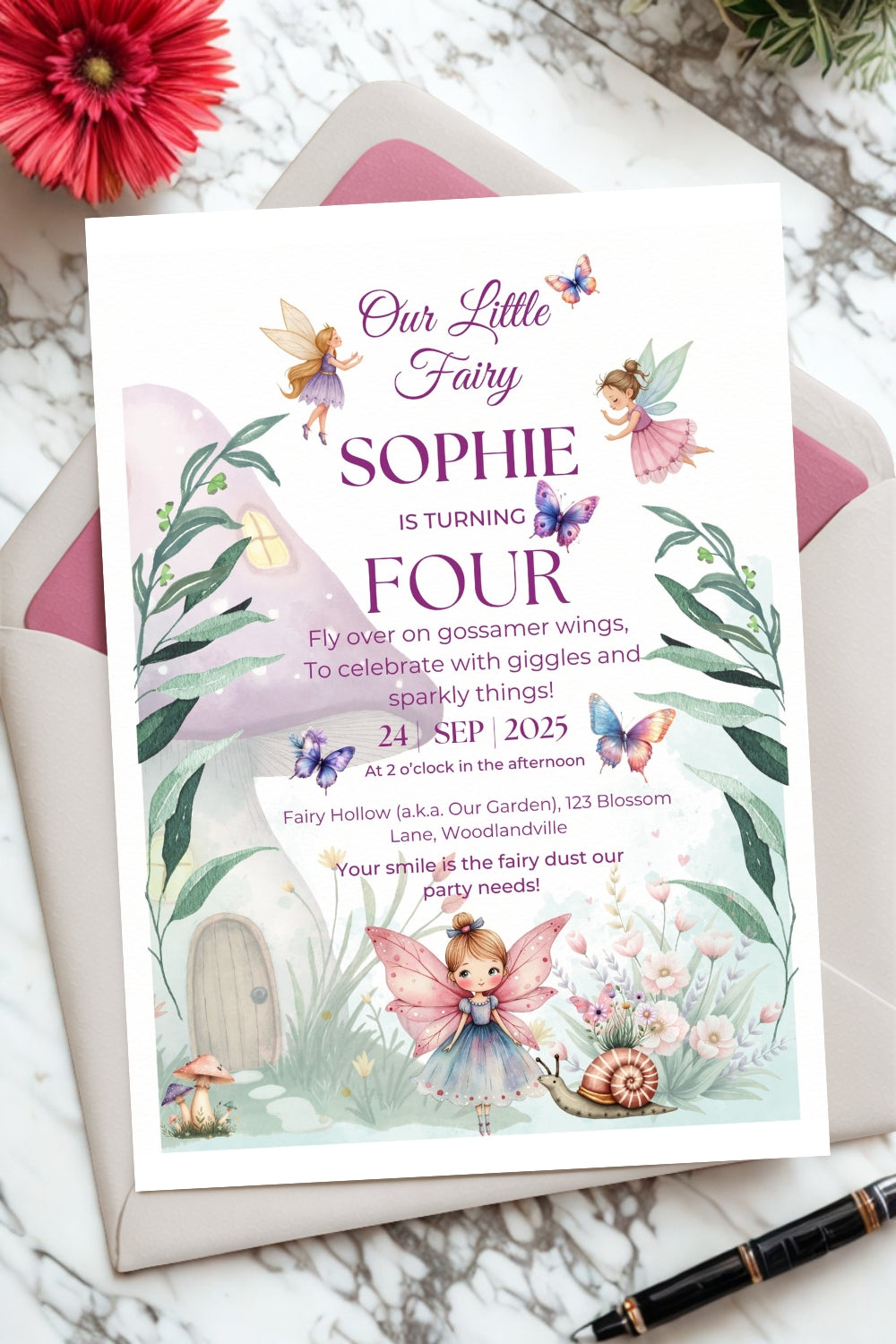 Fairy Birthday Invitation & Thank You Card: Editable Canva Template (Digital Download)