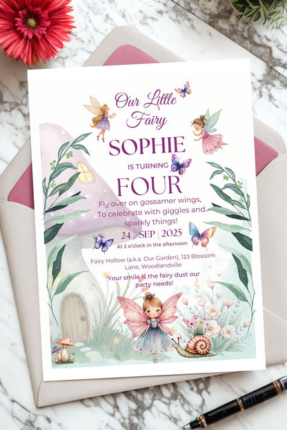 Fairy Birthday Invitation & Thank You Card: Editable Canva Template (Digital Download)