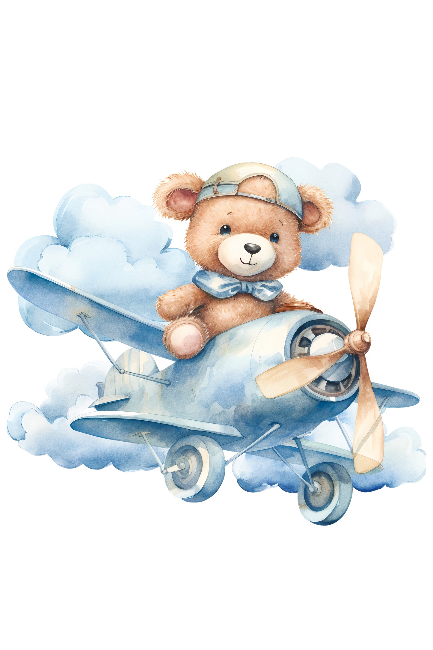 Teddy Bear Nursery Wall Art Printable Set – Blue Sky Cloud Baby Room Decor with Balloon, Plane & Bear – Digital Download Nursery Prints