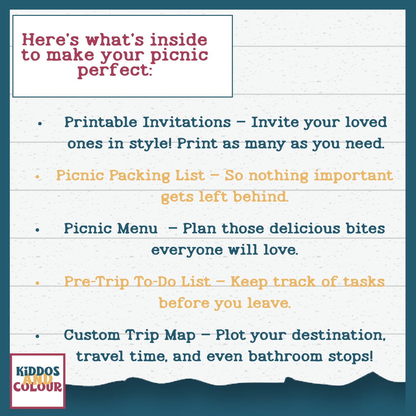 Picnic Planner Printable Kit | Family Picnic Packing List, Menu, Invitations & Outdoor Activity Guide