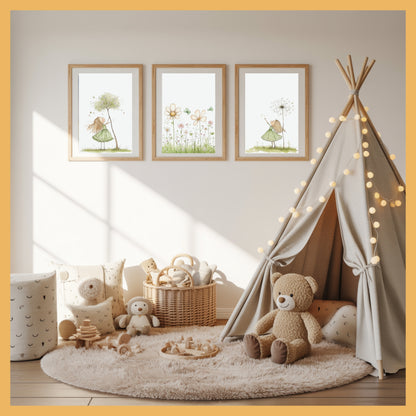 Minimalist Nature Art Set for Kids Room, Green Girl & Growing Plants Nursery Wall Decor, Montessori Botanical Prints Trio