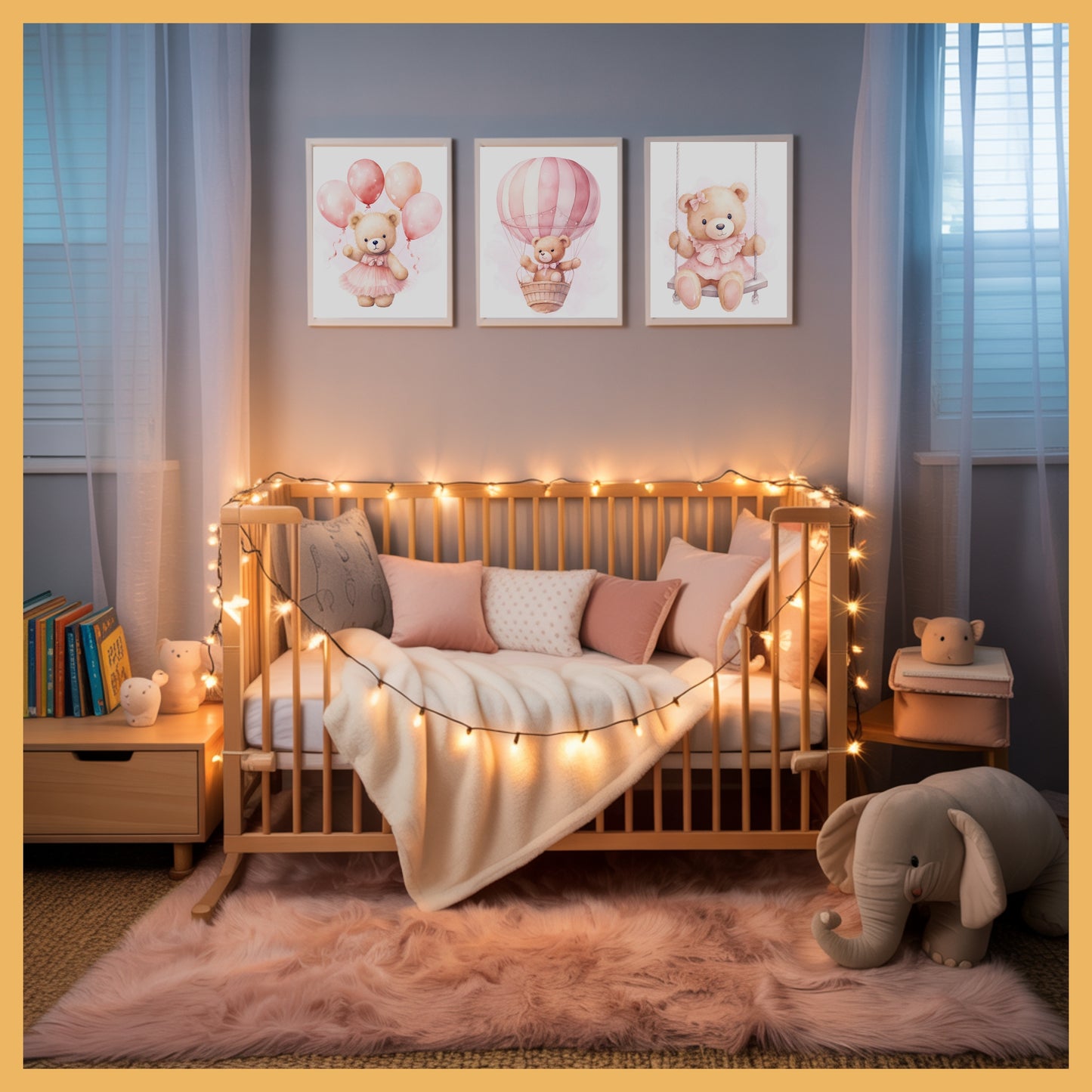 Pink Teddy Bear Nursery Wall Art Set of 3 Printable Prints – Swing, Balloons & Flying Bear Baby Room Decor, Baby Shower Gift