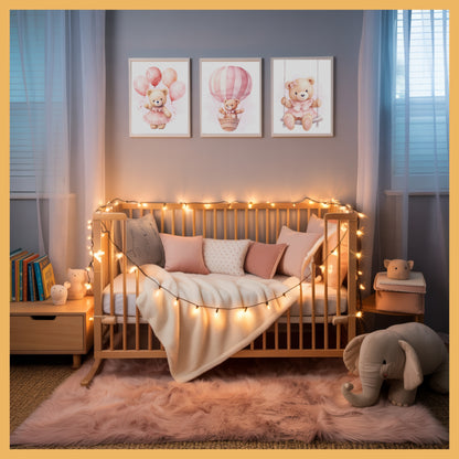 Pink Teddy Bear Nursery Wall Art Set of 3 Printable Prints – Swing, Balloons & Flying Bear Baby Room Decor, Baby Shower Gift