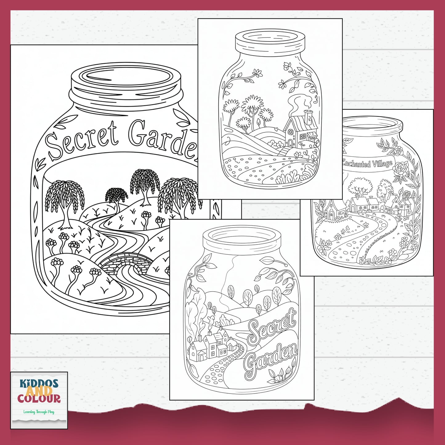 55 Colouring Pages Whimsical Worlds in Jars–  Printable Designs for Kids & Adults