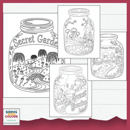 55 Colouring Pages Whimsical Worlds in Jars–  Printable Designs for Kids & Adults