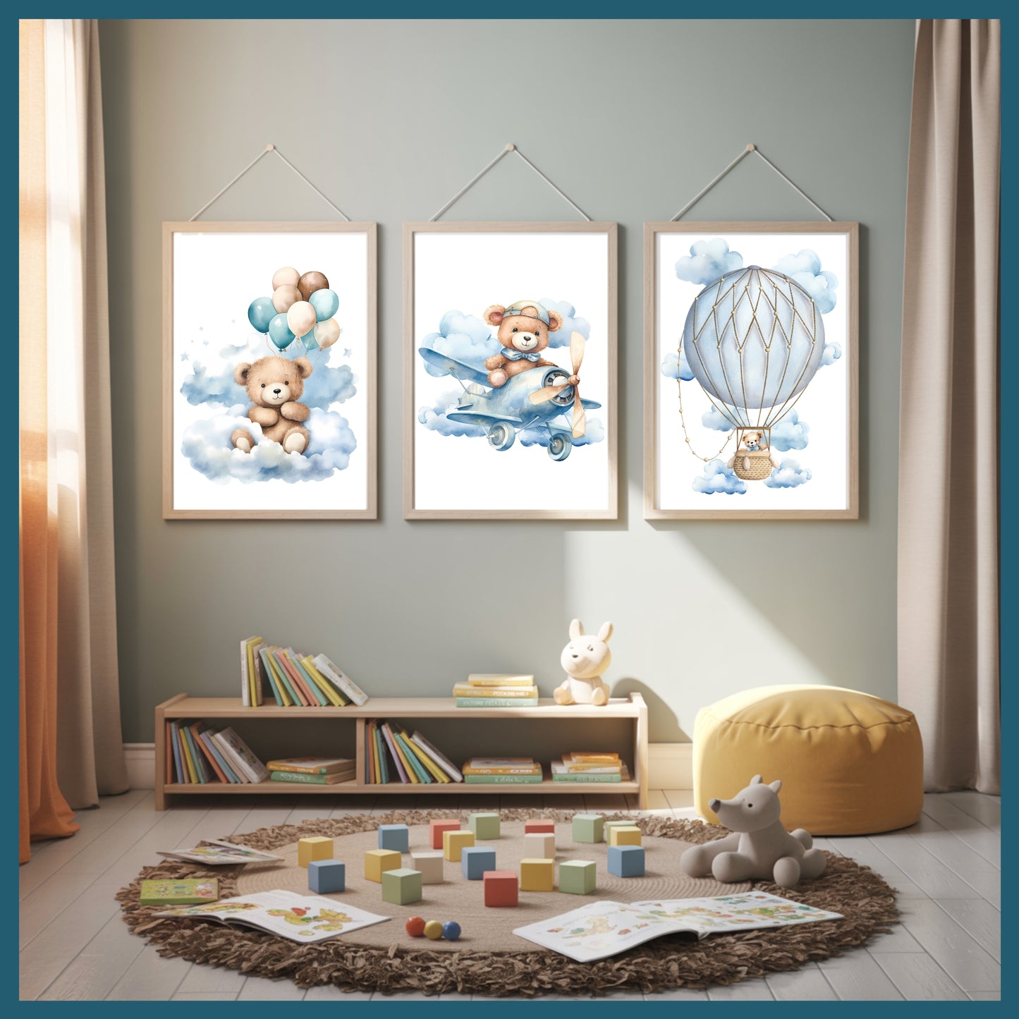 Teddy Bear Nursery Wall Art Printable Set – Blue Sky Cloud Baby Room Decor with Balloon, Plane & Bear – Digital Download Nursery Prints
