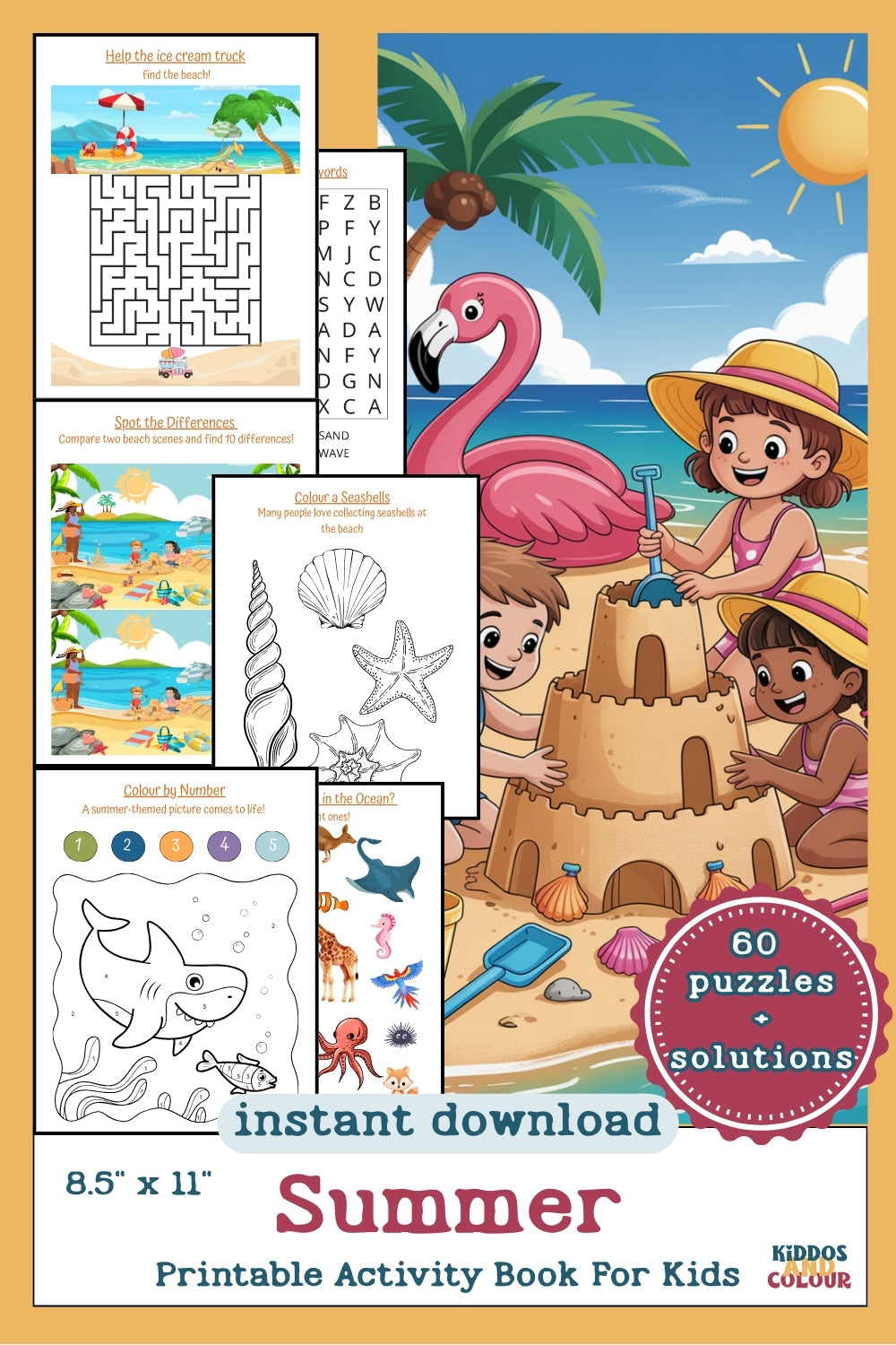 Summer Activity Book for Kids – 60 Fun Printable Pages with Colouring, Mazes, Word Searches, Puzzles & More | Instant Download