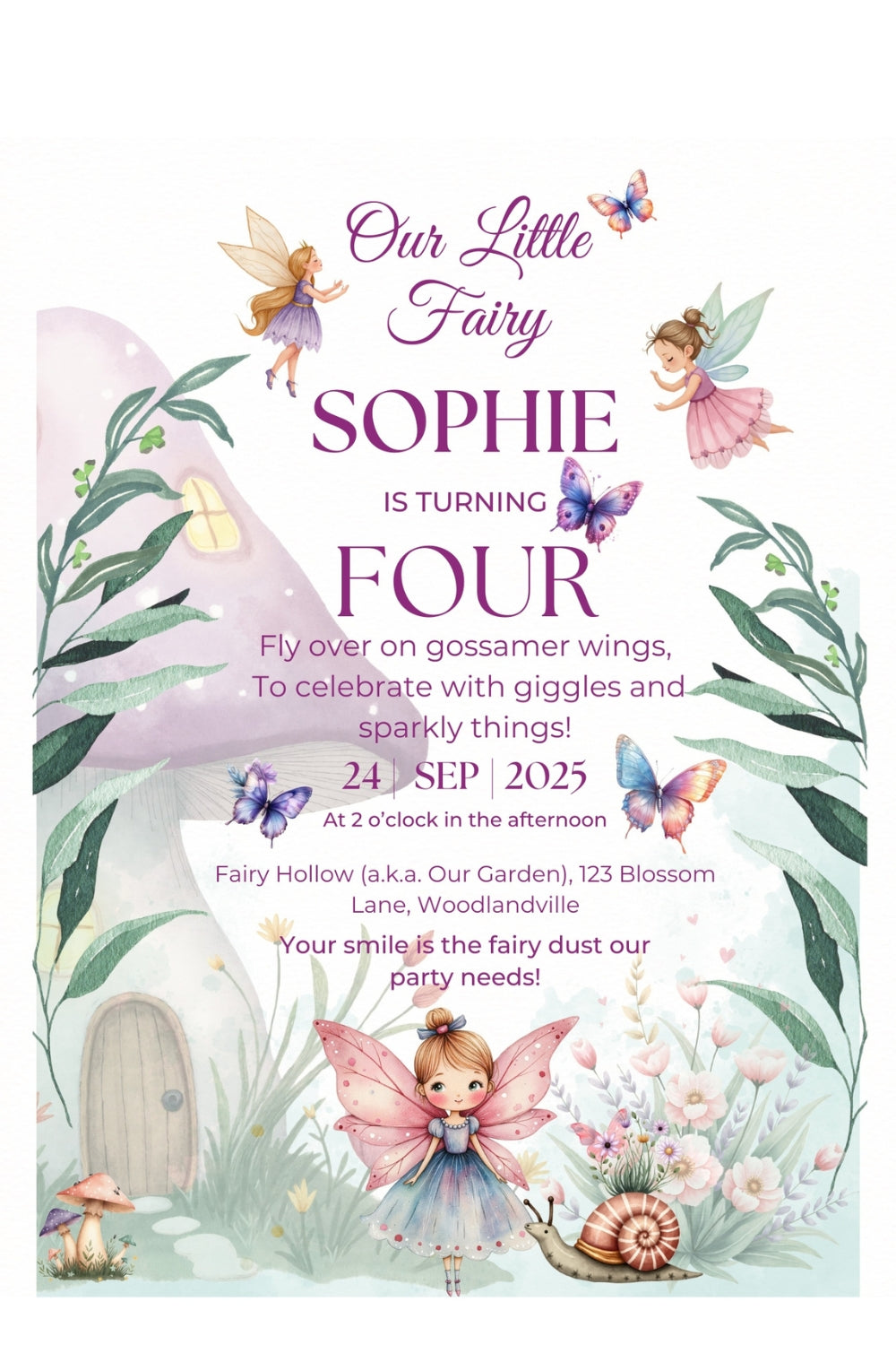Fairy Birthday Invitation & Thank You Card: Editable Canva Template (Digital Download)