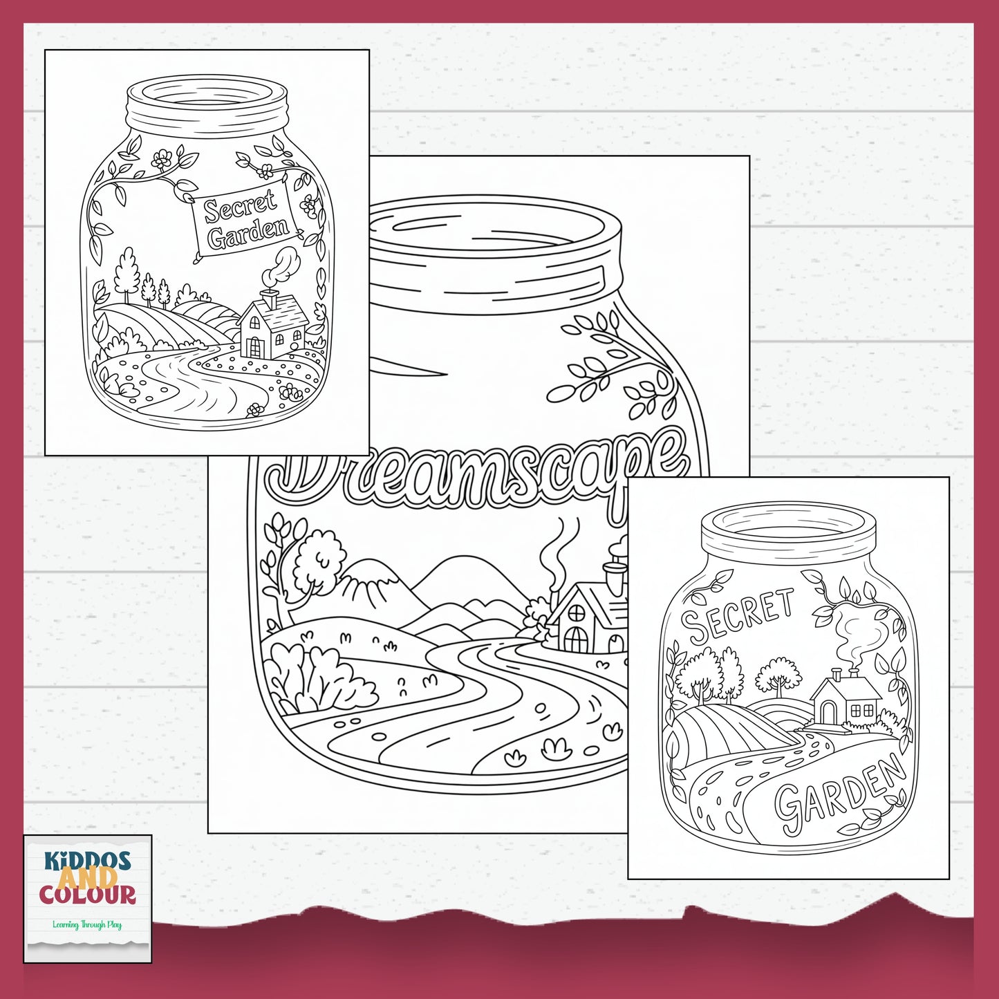 55 Colouring Pages Whimsical Worlds in Jars–  Printable Designs for Kids & Adults