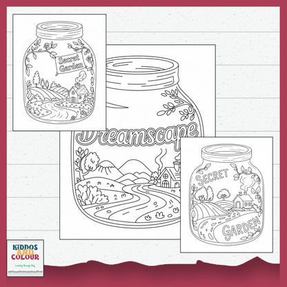 55 Colouring Pages Whimsical Worlds in Jars–  Printable Designs for Kids & Adults
