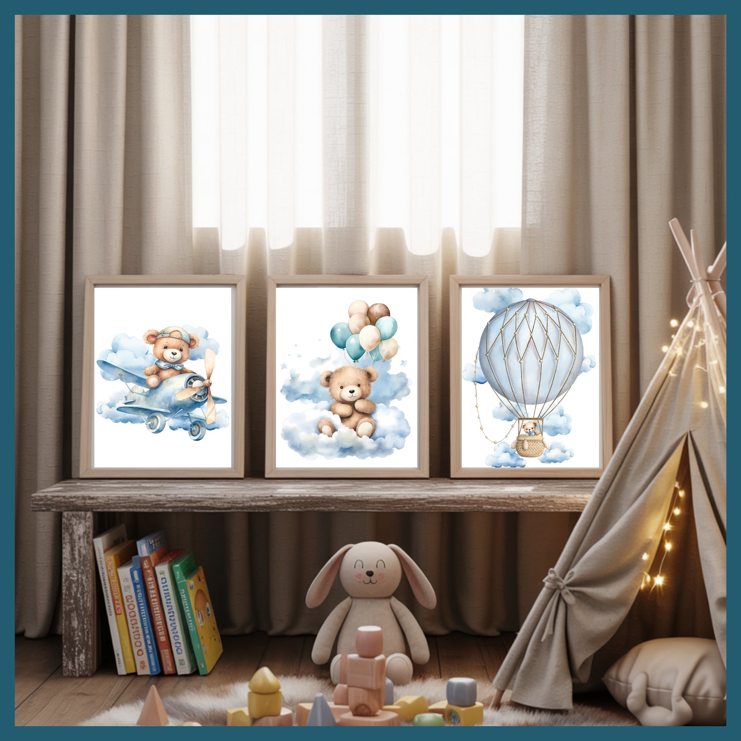 Teddy Bear Nursery Wall Art Printable Set – Blue Sky Cloud Baby Room Decor with Balloon, Plane & Bear – Digital Download Nursery Prints