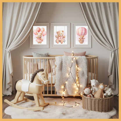 Pink Teddy Bear Nursery Wall Art Set of 3 Printable Prints – Swing, Balloons & Flying Bear Baby Room Decor, Baby Shower Gift