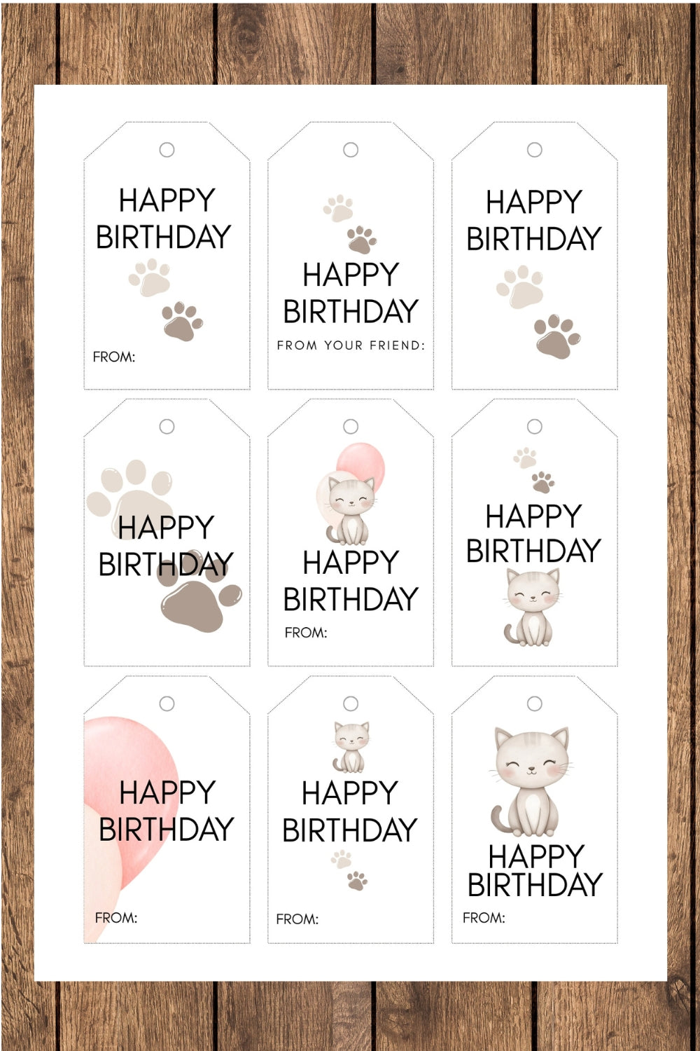 Printable Birthday Card and Tags – Cat Paw Print | Digital Download