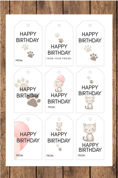 Printable Birthday Card and Tags – Cat Paw Print | Digital Download