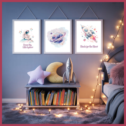 Pastel Space Wall Art Trio – Astronaut, Rocket & Planet Prints – Printable Nursery and Kids Room Decor