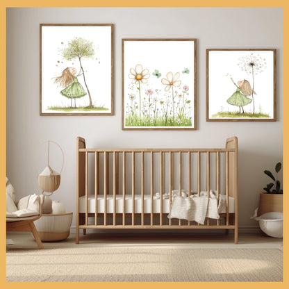 Minimalist Nature Art Set for Kids Room, Green Girl & Growing Plants Nursery Wall Decor, Montessori Botanical Prints Trio