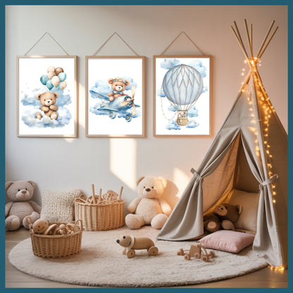 Teddy Bear Nursery Wall Art Printable Set – Blue Sky Cloud Baby Room Decor with Balloon, Plane & Bear – Digital Download Nursery Prints