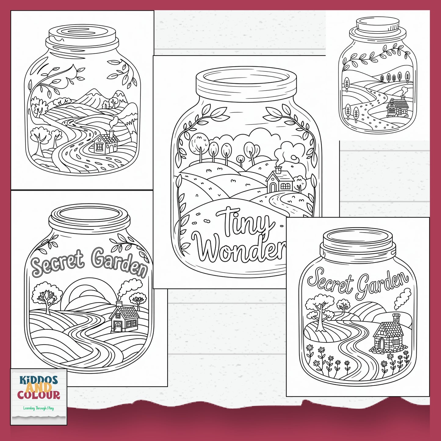 55 Colouring Pages Whimsical Worlds in Jars–  Printable Designs for Kids & Adults