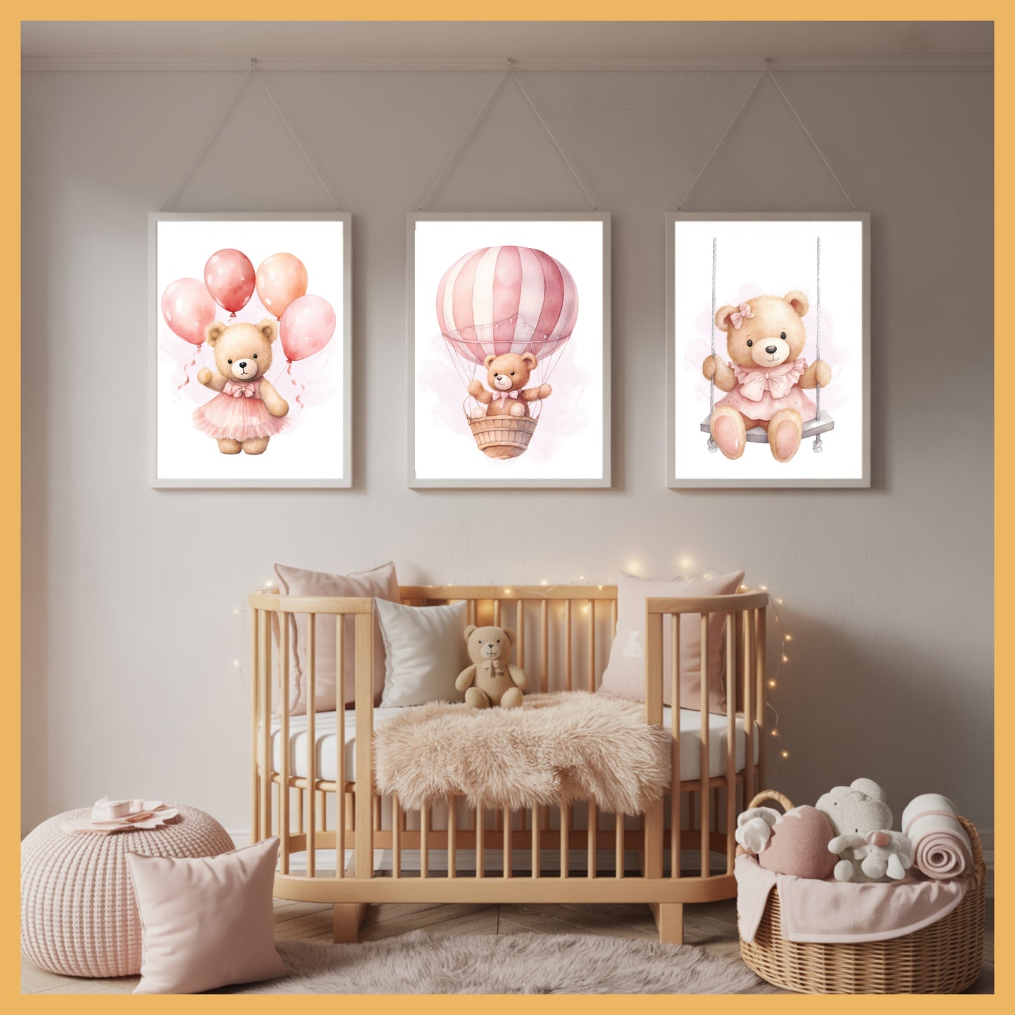 Pink Teddy Bear Nursery Wall Art Set of 3 Printable Prints – Swing, Balloons & Flying Bear Baby Room Decor, Baby Shower Gift