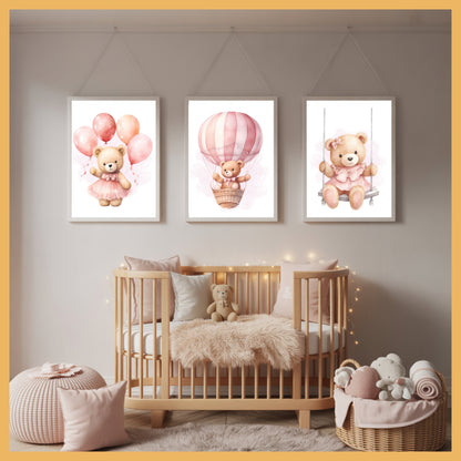 Pink Teddy Bear Nursery Wall Art Set of 3 Printable Prints – Swing, Balloons & Flying Bear Baby Room Decor, Baby Shower Gift