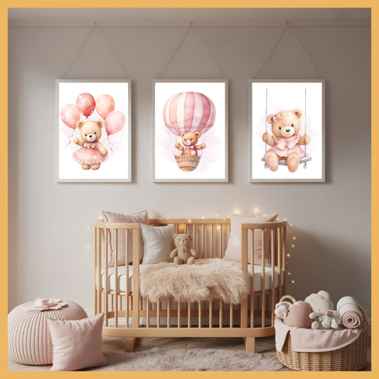 Pink Teddy Bear Nursery Wall Art Set of 3 Printable Prints – Swing, Balloons & Flying Bear Baby Room Decor, Baby Shower Gift