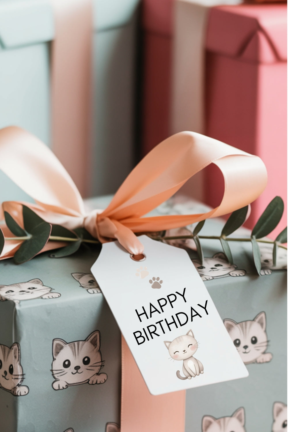 Printable Birthday Card and Tags – Cat Paw Print | Digital Download