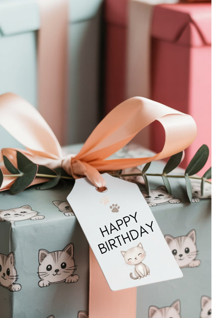 Printable Birthday Card and Tags – Cat Paw Print | Digital Download