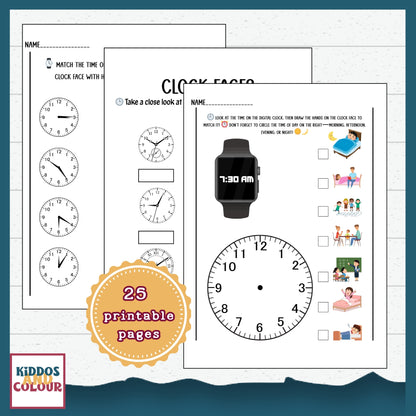 Time and Clock- Telling Time Worksheets for Kids, 25 Printable Activity Pages and DIY clock craft | Instant Download