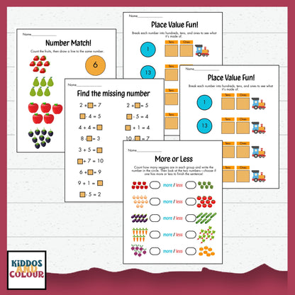 Math Worksheets for Kids | Addition, Subtraction, Place Value, Number Matching, Fun Math Printables 1–20 | Preschool & Kindergarten Learning