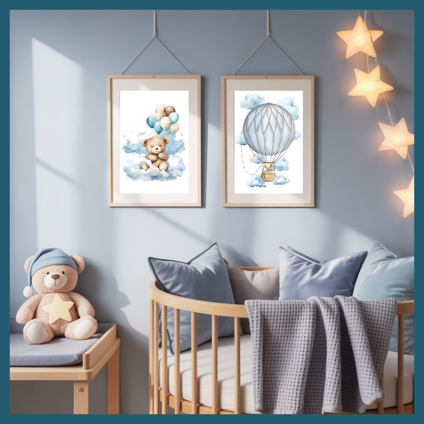 Teddy Bear Nursery Wall Art Printable Set – Blue Sky Cloud Baby Room Decor with Balloon, Plane & Bear – Digital Download Nursery Prints