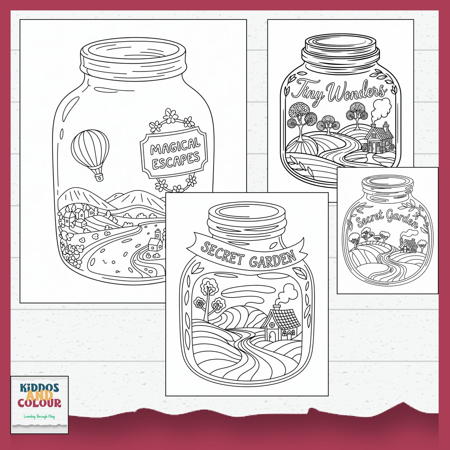 55 Colouring Pages Whimsical Worlds in Jars–  Printable Designs for Kids & Adults