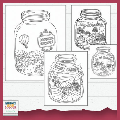 55 Colouring Pages Whimsical Worlds in Jars–  Printable Designs for Kids & Adults