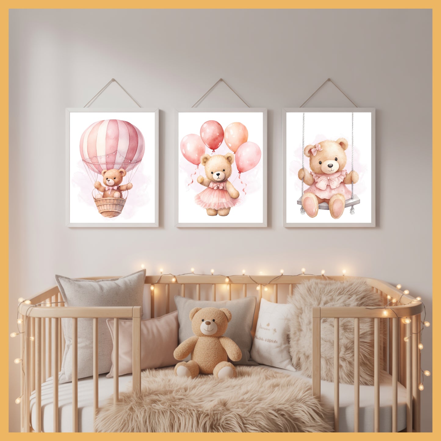 Pink Teddy Bear Nursery Wall Art Set of 3 Printable Prints – Swing, Balloons & Flying Bear Baby Room Decor, Baby Shower Gift