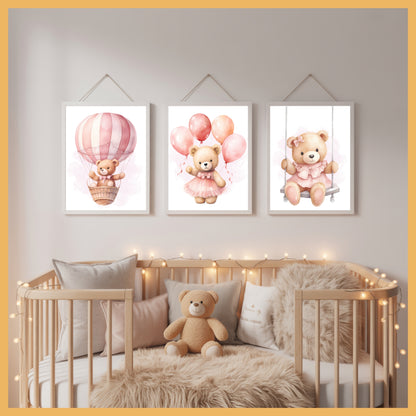 Pink Teddy Bear Nursery Wall Art Set of 3 Printable Prints – Swing, Balloons & Flying Bear Baby Room Decor, Baby Shower Gift