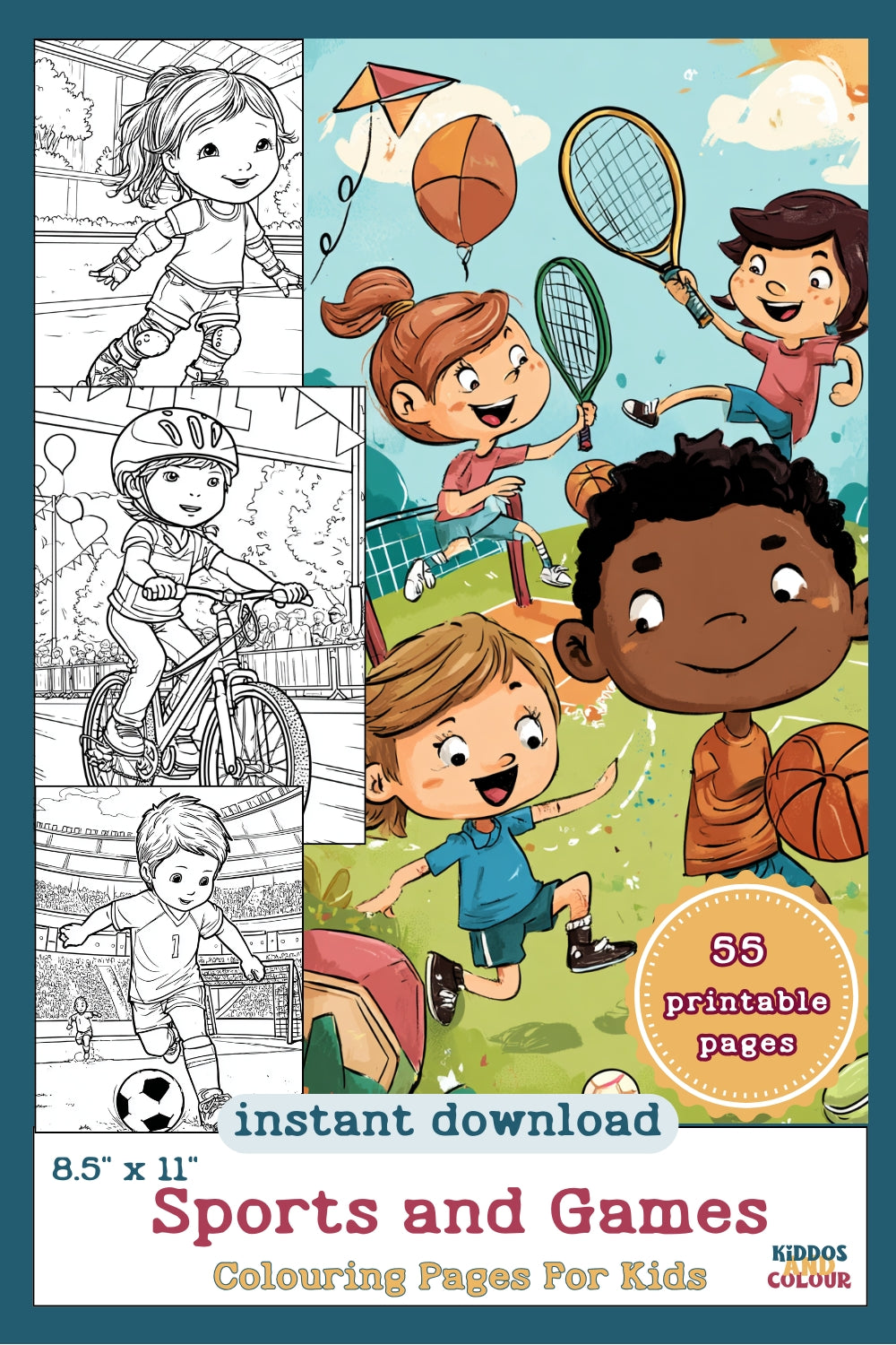 55 Sports & Games Colouring Book for Kids and Teens | Printable Activity | High-Detail Digital Download