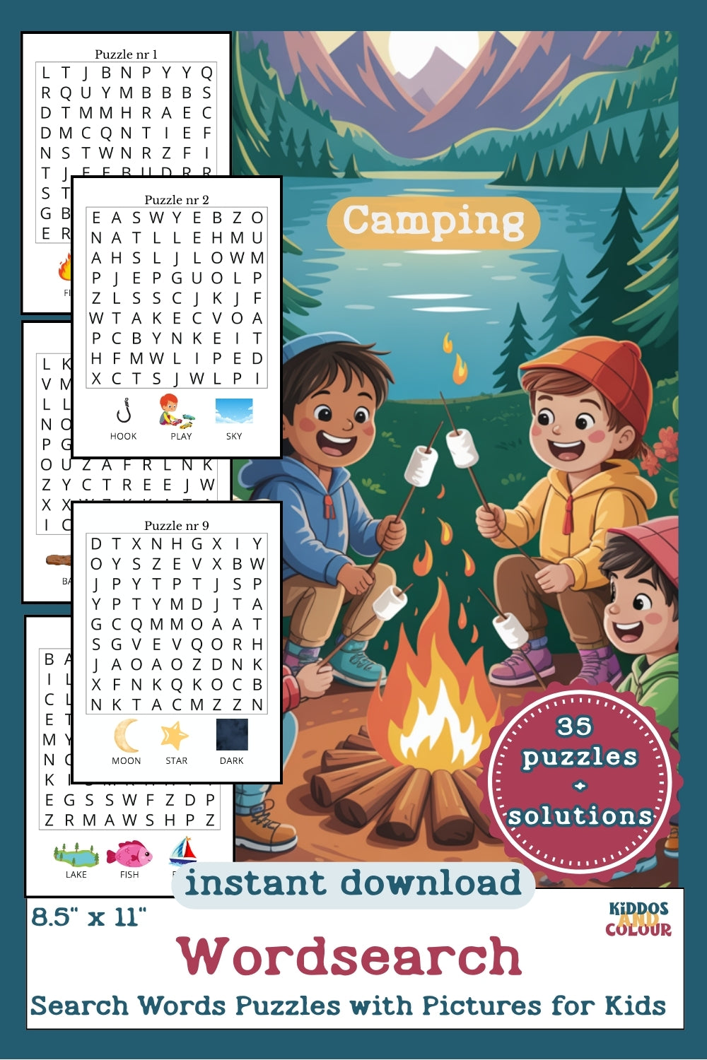 Camping Picture Word Search Puzzles for Kids - Printable Activity Book with Solutions
