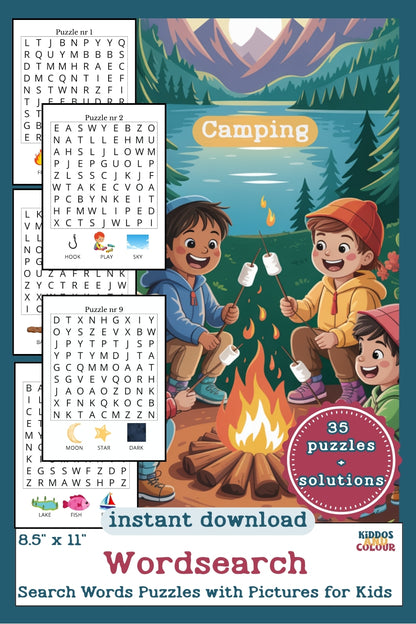 Camping Picture Word Search Puzzles for Kids - Printable Activity Book with Solutions