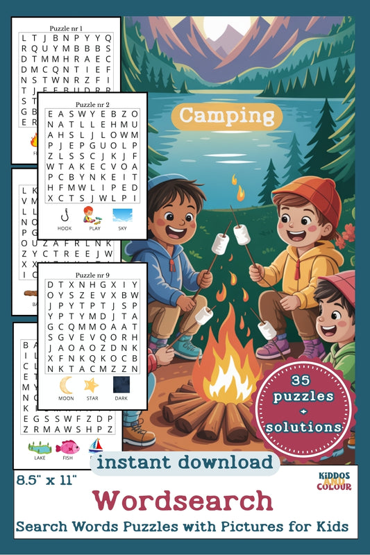 Camping Picture Word Search Puzzles for Kids - Printable Activity Book with Solutions