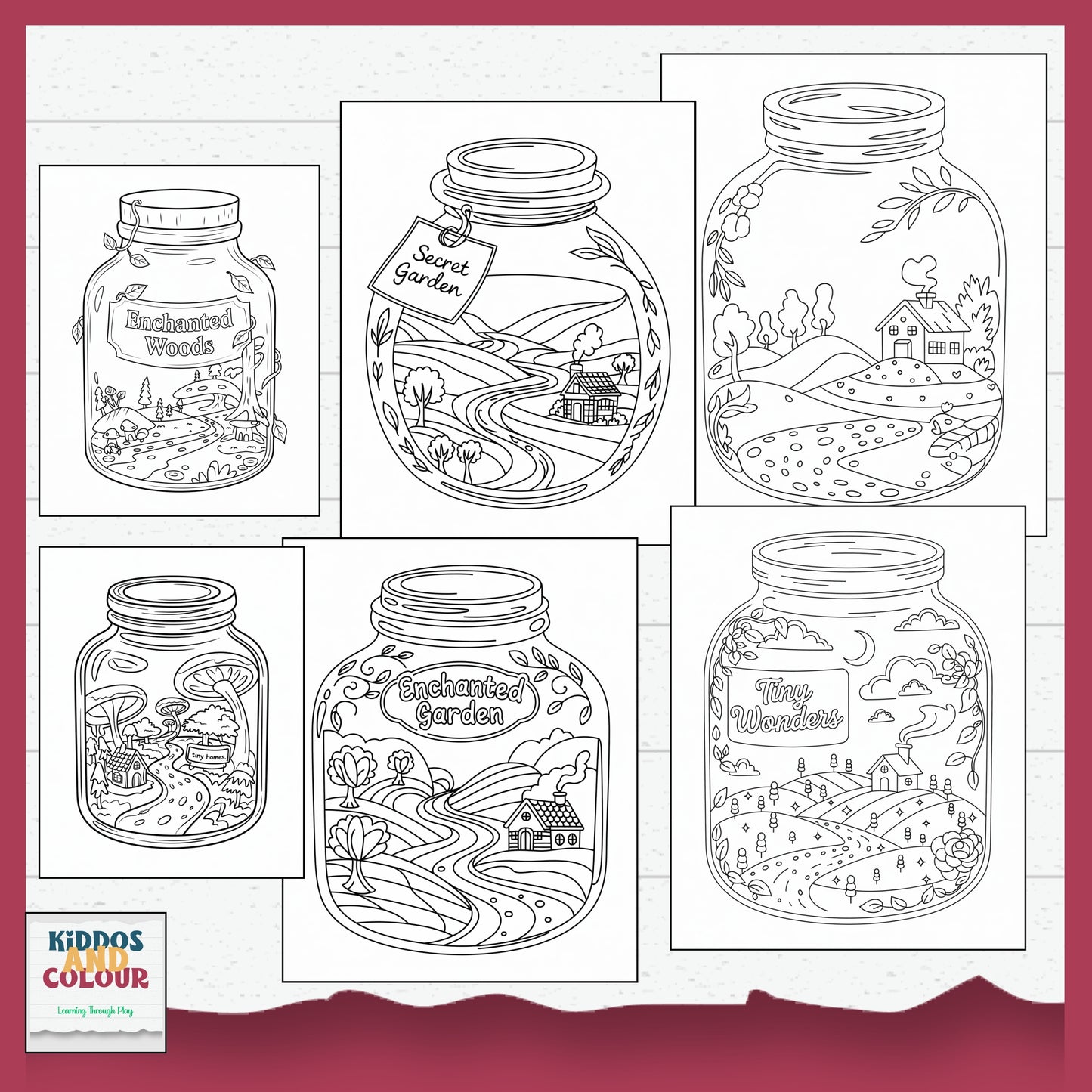 55 Colouring Pages Whimsical Worlds in Jars–  Printable Designs for Kids & Adults