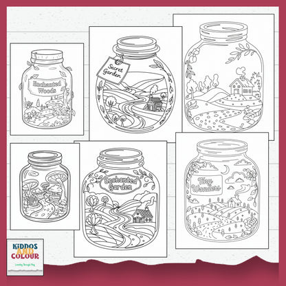 55 Colouring Pages Whimsical Worlds in Jars–  Printable Designs for Kids & Adults