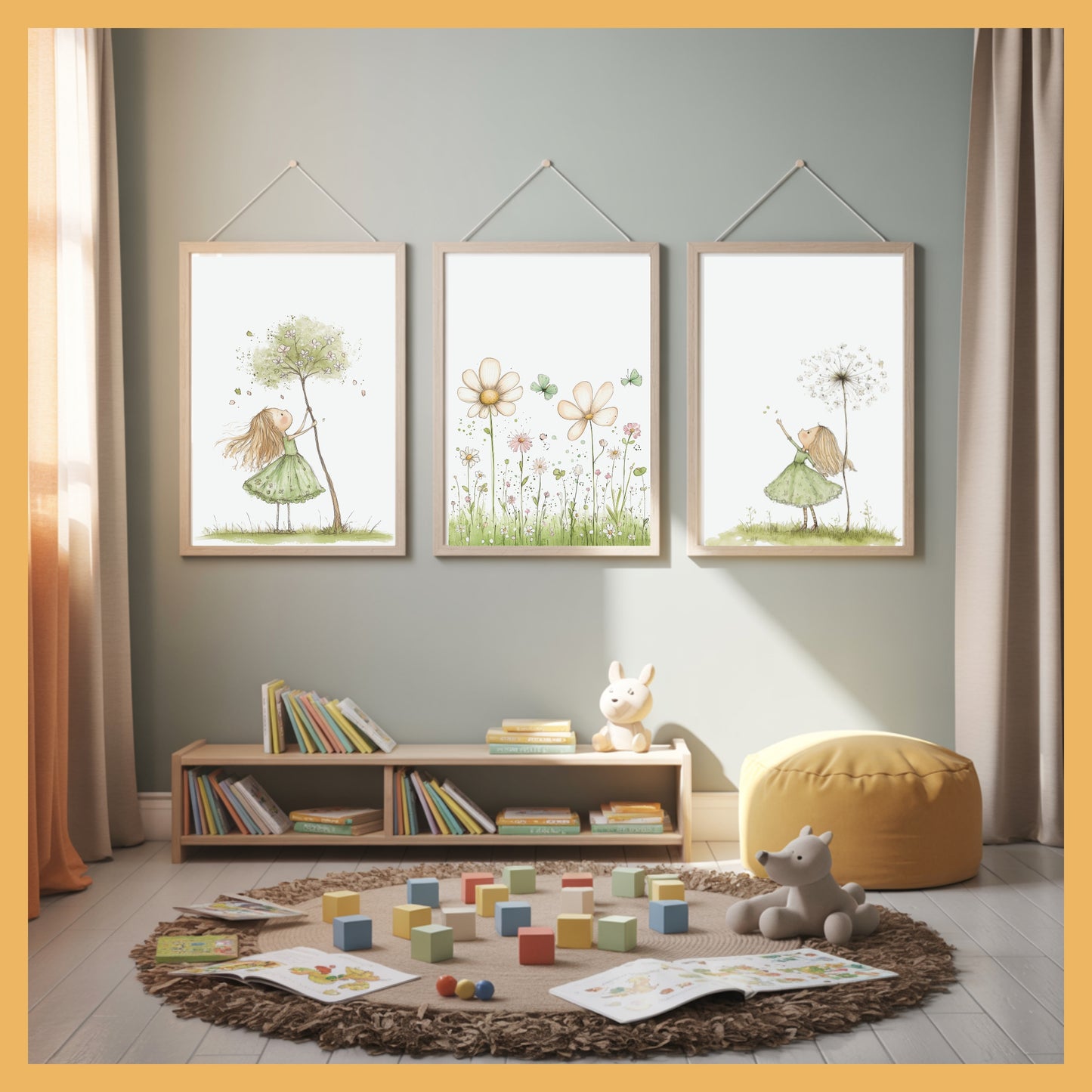 Minimalist Nature Art Set for Kids Room, Green Girl & Growing Plants Nursery Wall Decor, Montessori Botanical Prints Trio
