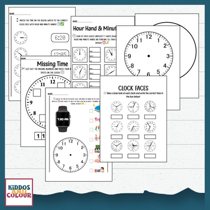 Time and Clock- Telling Time Worksheets for Kids, 25 Printable Activity Pages and DIY clock craft | Instant Download