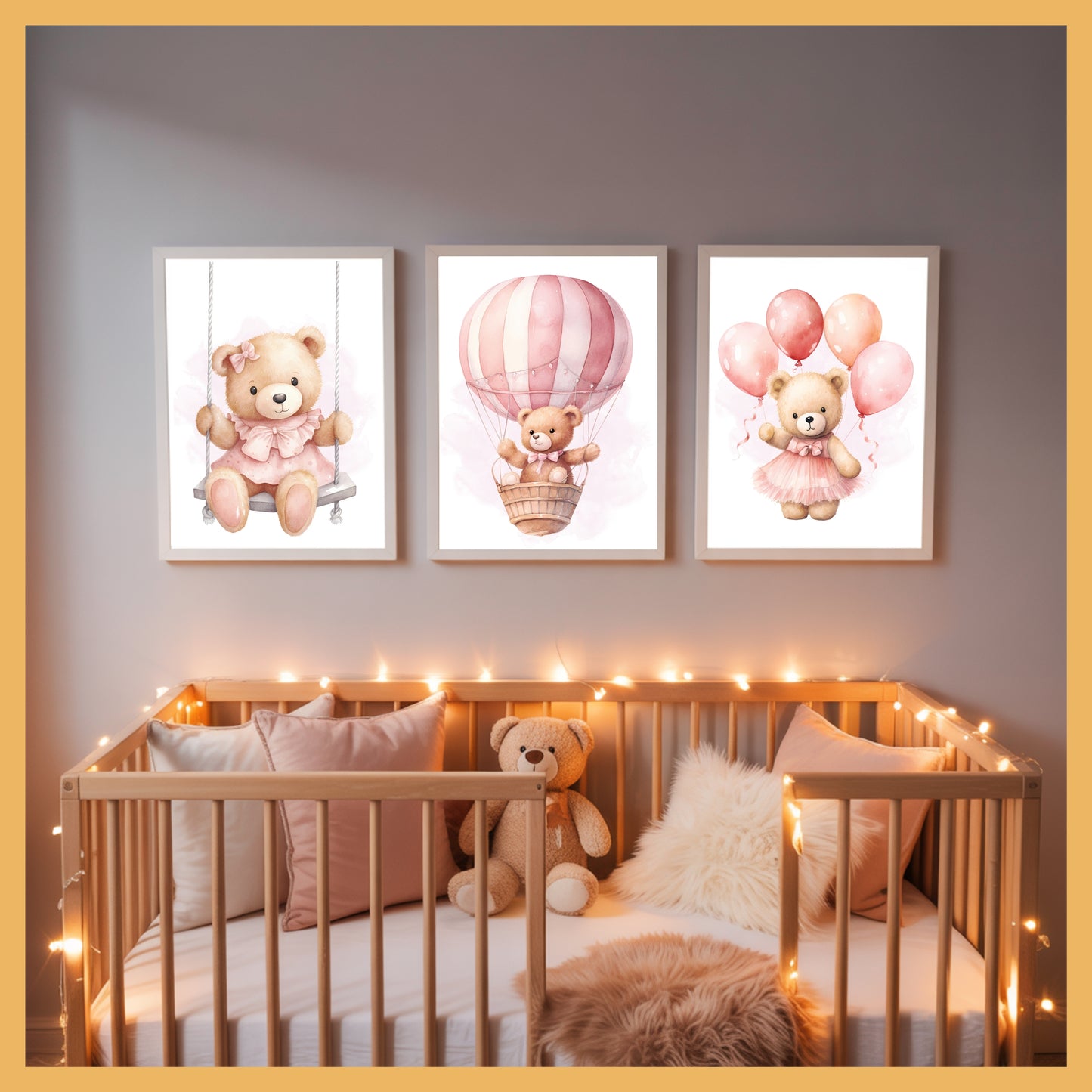 Pink Teddy Bear Nursery Wall Art Set of 3 Printable Prints – Swing, Balloons & Flying Bear Baby Room Decor, Baby Shower Gift
