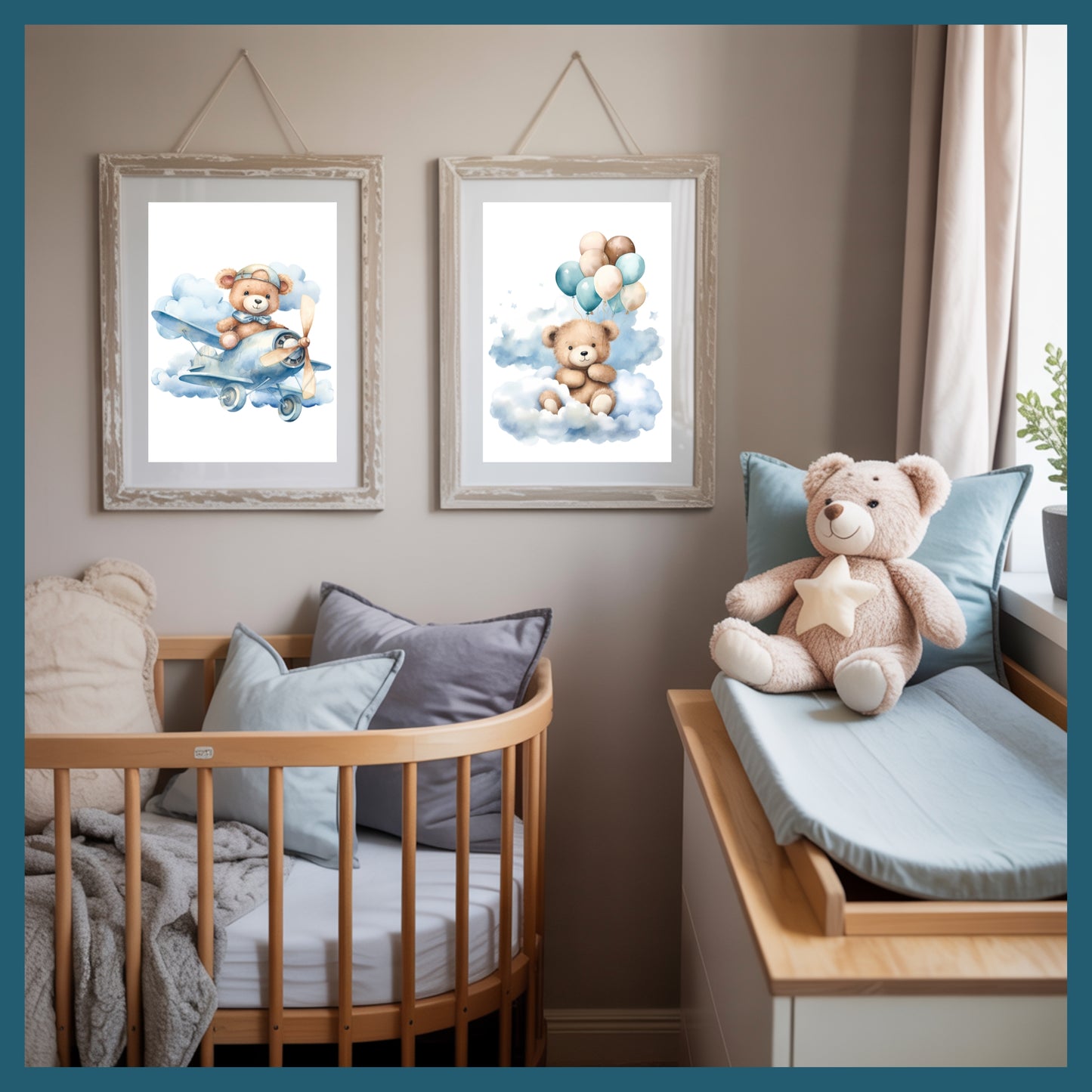 Teddy Bear Nursery Wall Art Printable Set – Blue Sky Cloud Baby Room Decor with Balloon, Plane & Bear – Digital Download Nursery Prints