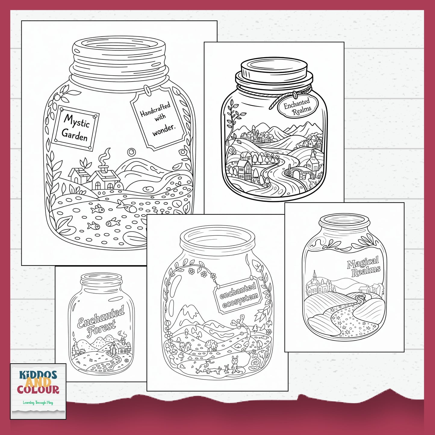 55 Colouring Pages Whimsical Worlds in Jars–  Printable Designs for Kids & Adults
