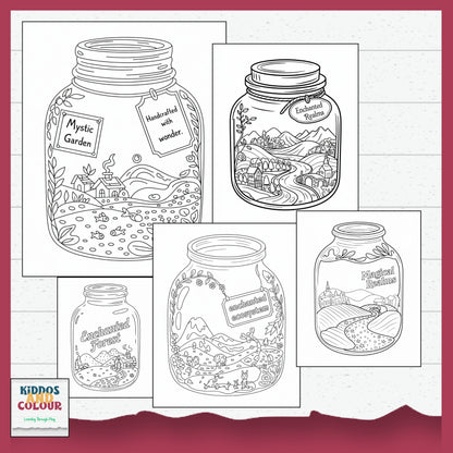 55 Colouring Pages Whimsical Worlds in Jars–  Printable Designs for Kids & Adults