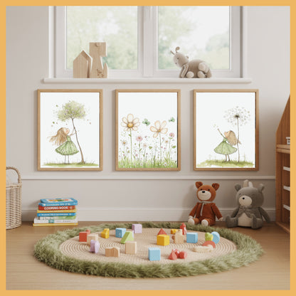 Minimalist Nature Art Set for Kids Room, Green Girl & Growing Plants Nursery Wall Decor, Montessori Botanical Prints Trio