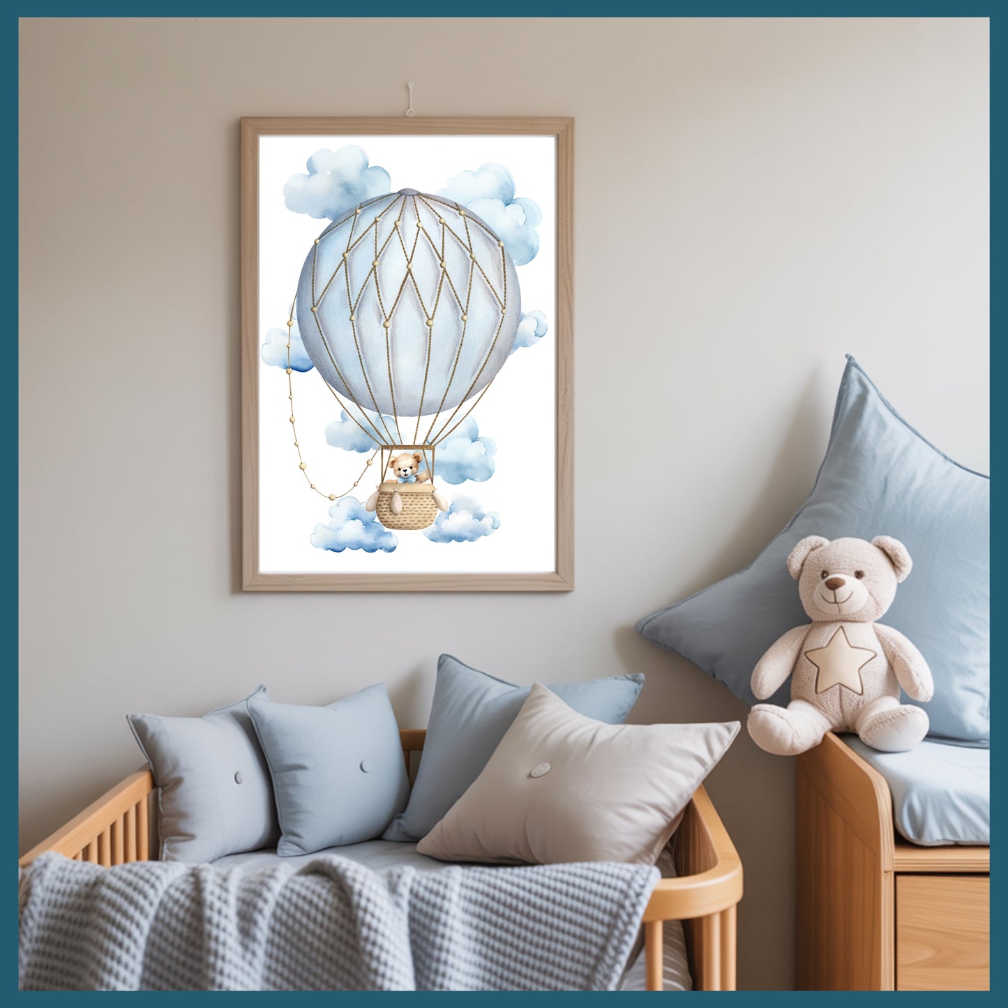 Teddy Bear Nursery Wall Art Printable Set – Blue Sky Cloud Baby Room Decor with Balloon, Plane & Bear – Digital Download Nursery Prints