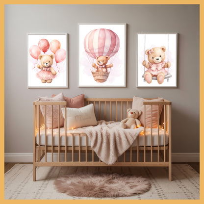 Pink Teddy Bear Nursery Wall Art Set of 3 Printable Prints – Swing, Balloons & Flying Bear Baby Room Decor, Baby Shower Gift