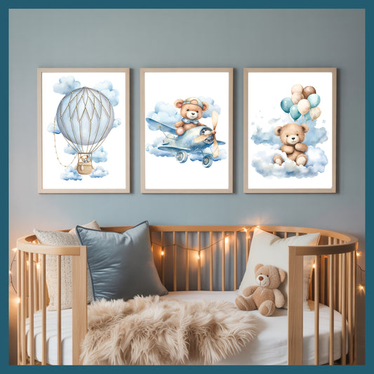 Teddy Bear Nursery Wall Art Printable Set – Blue Sky Cloud Baby Room Decor with Balloon, Plane & Bear – Digital Download Nursery Prints